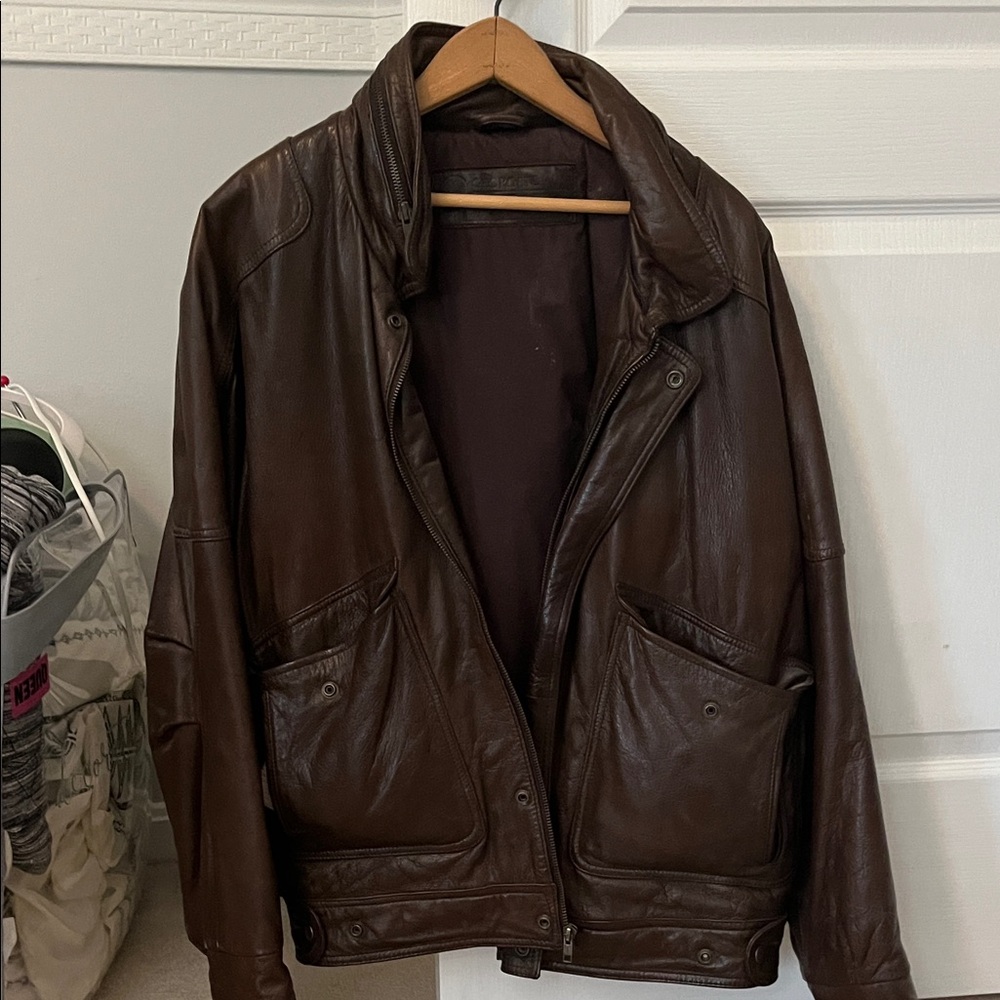 Men's Dark Brown Leather Bomber Jacket vintage